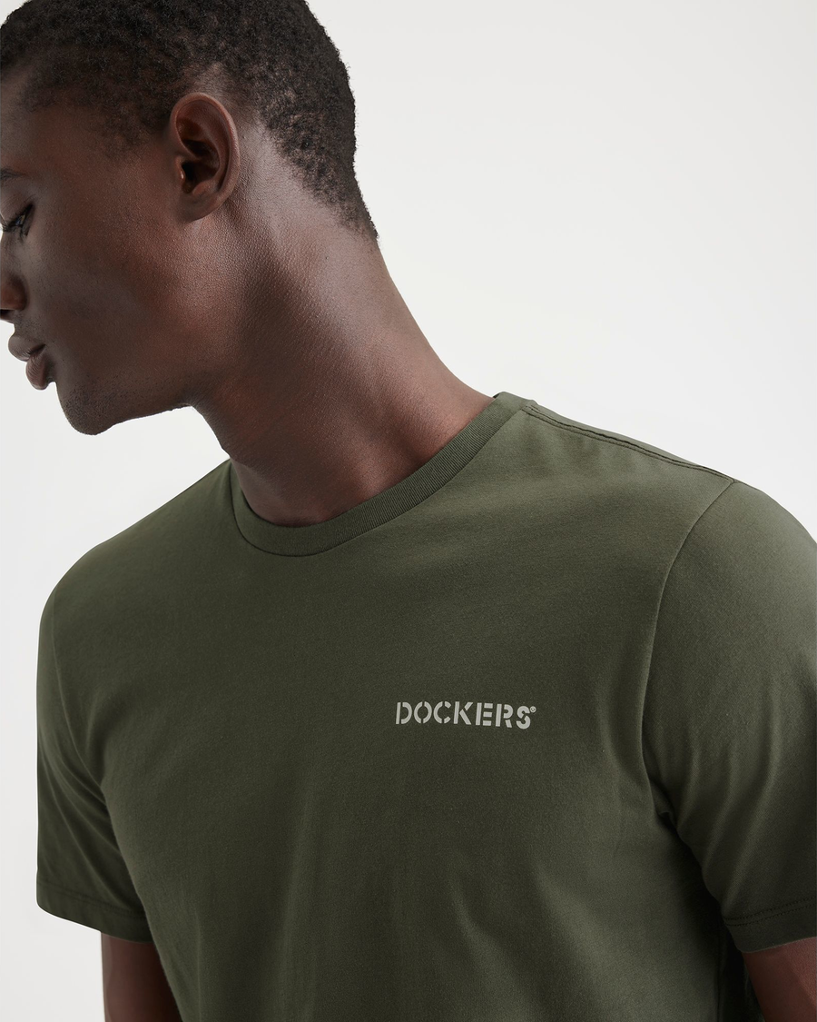 View of model wearing Army Green Men's Slim Fit Logo Tee.