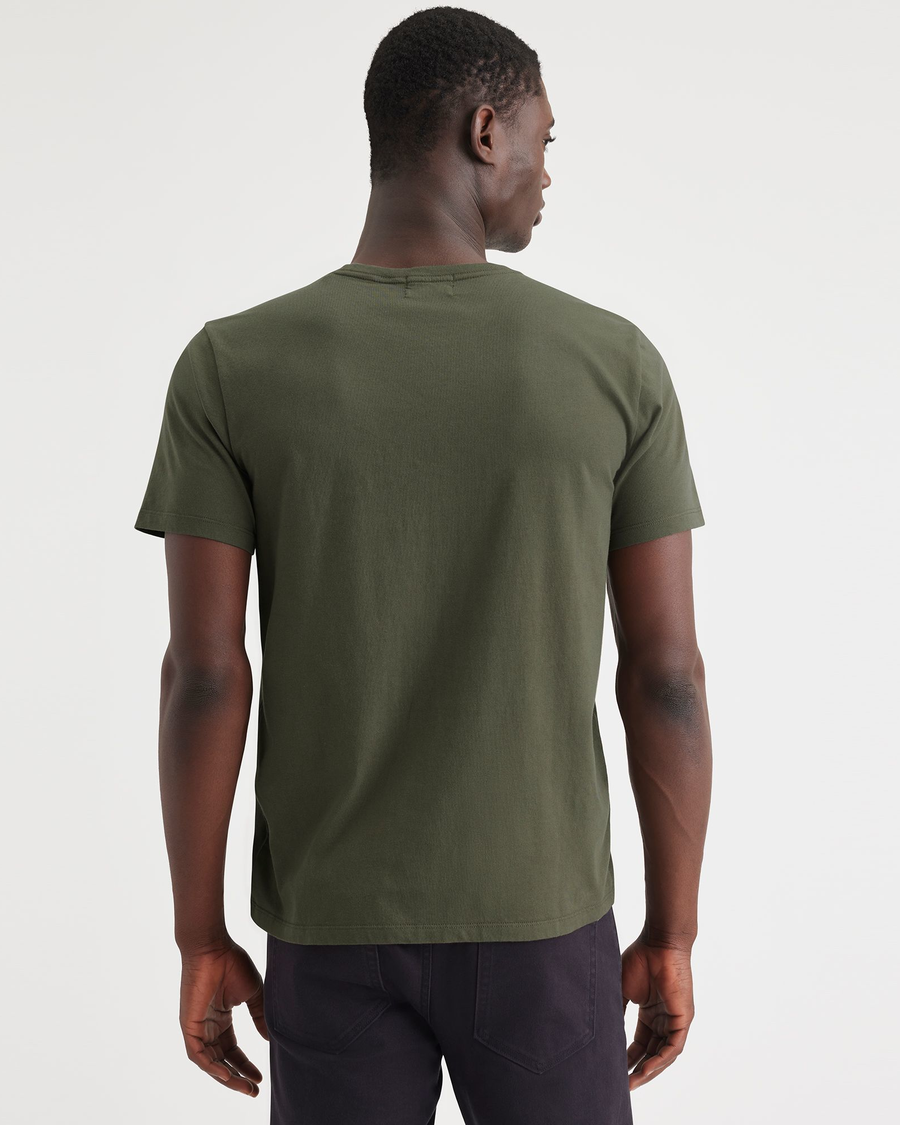 Back view of model wearing Army Green Men's Slim Fit Logo Tee.