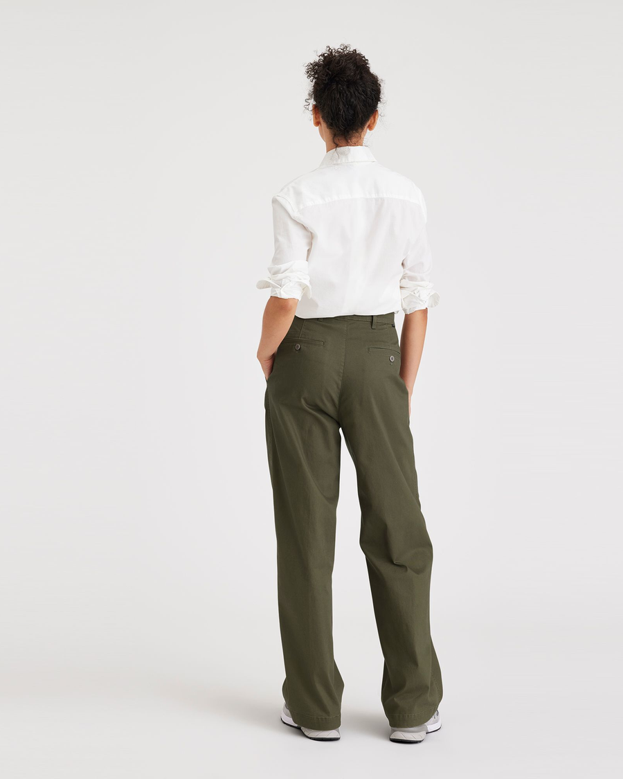 Back view of model wearing Army Green Women's Straight Fit Original Pleated High Wide Khaki Pants.