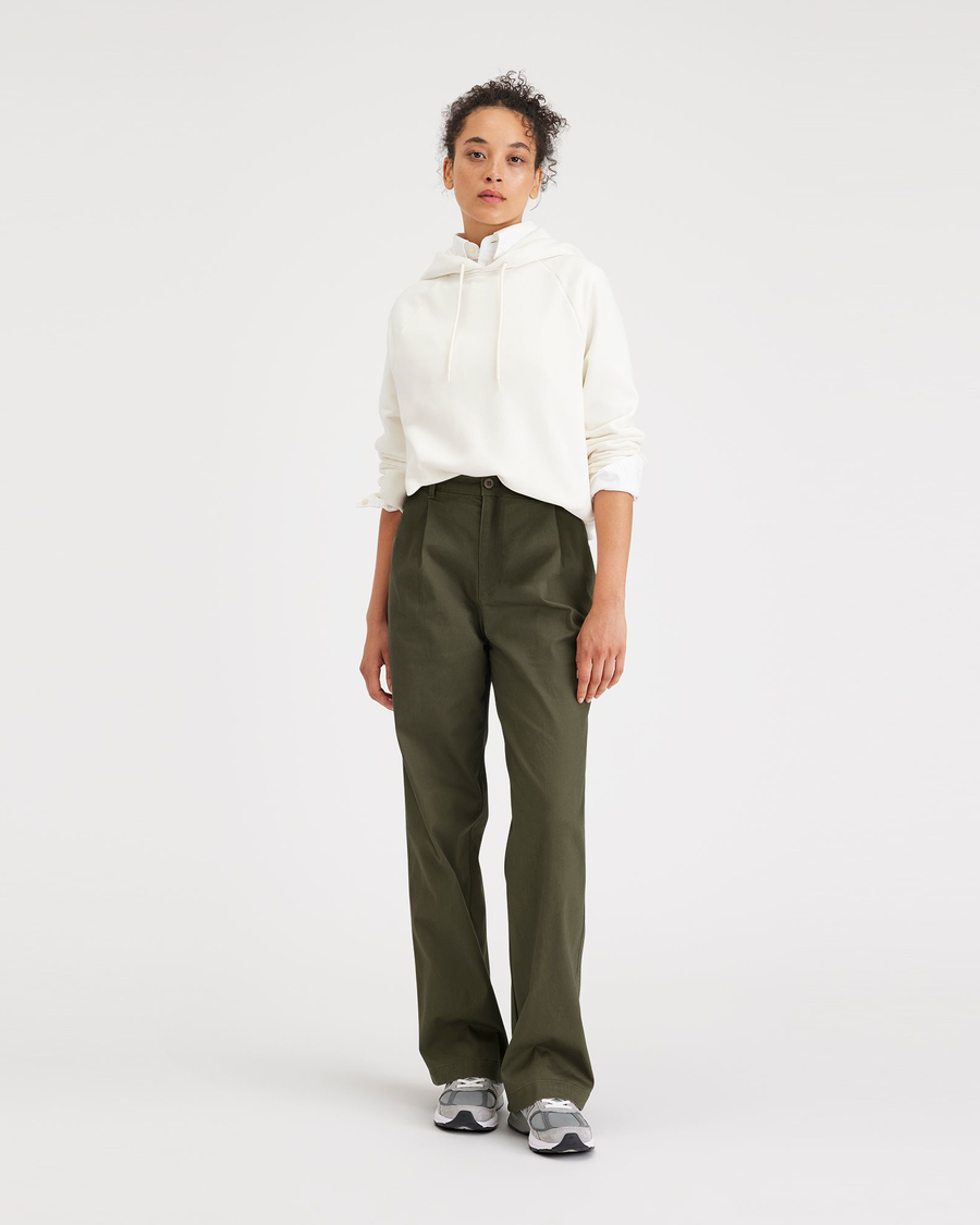 Front view of model wearing Army Green Women's Straight Fit Original Pleated High Wide Khaki Pants.