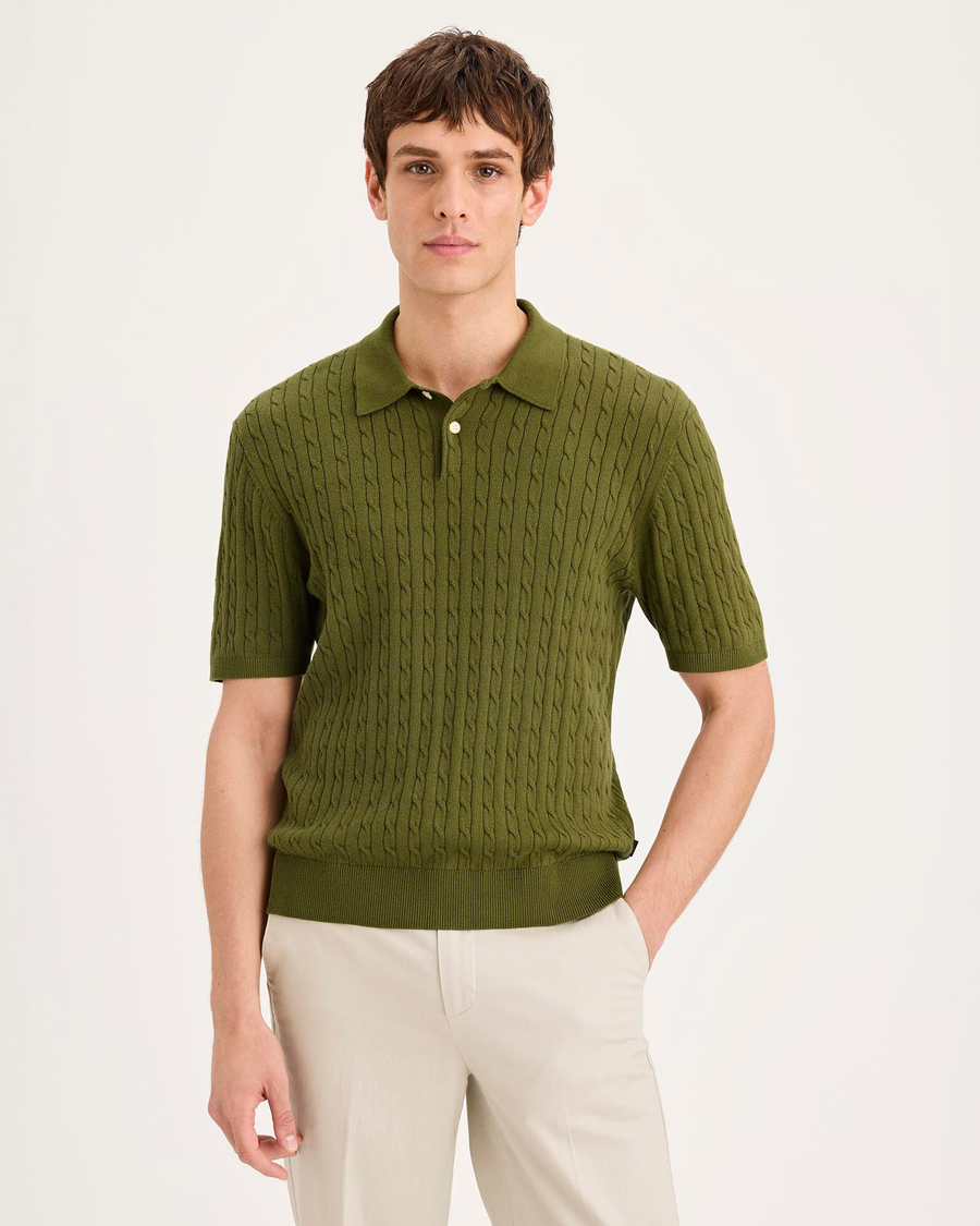Front view of model wearing Avocado Sweater Polo, Regular Fit.