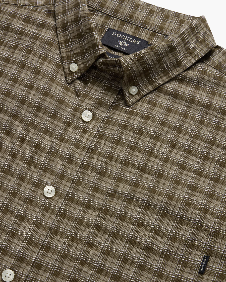 View of model wearing Barton Dark Moss Oxford Shirt , Slim Fit.