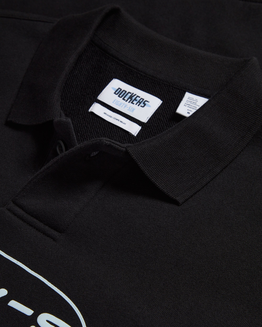 View of model wearing Beautiful Black Eighty-Six Collared Sweatshirt, Relaxed Fit.