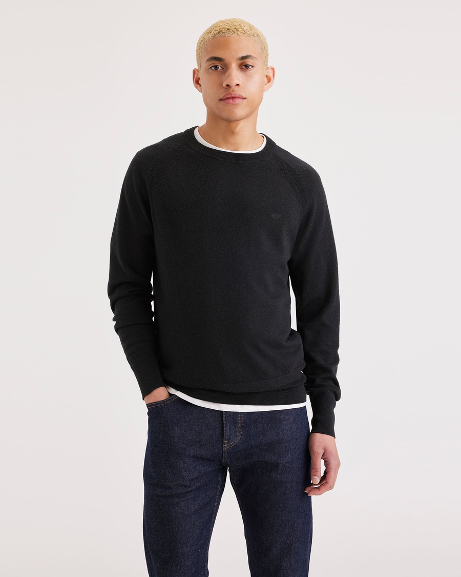 Front view of model wearing Beautiful Black Men's Regular Fit Crewneck Sweater.