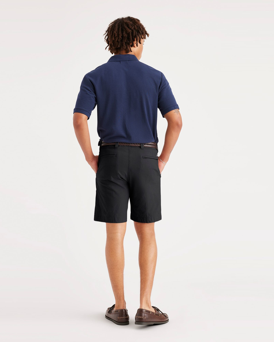 Back view of model wearing Beautiful Black Men's Straight Fit California Shorts.
