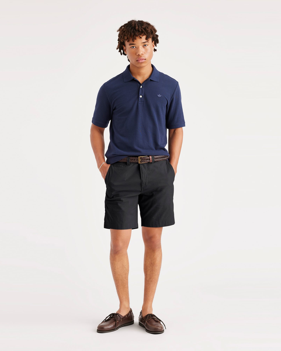 Front view of model wearing Beautiful Black Men's Straight Fit California Shorts.
