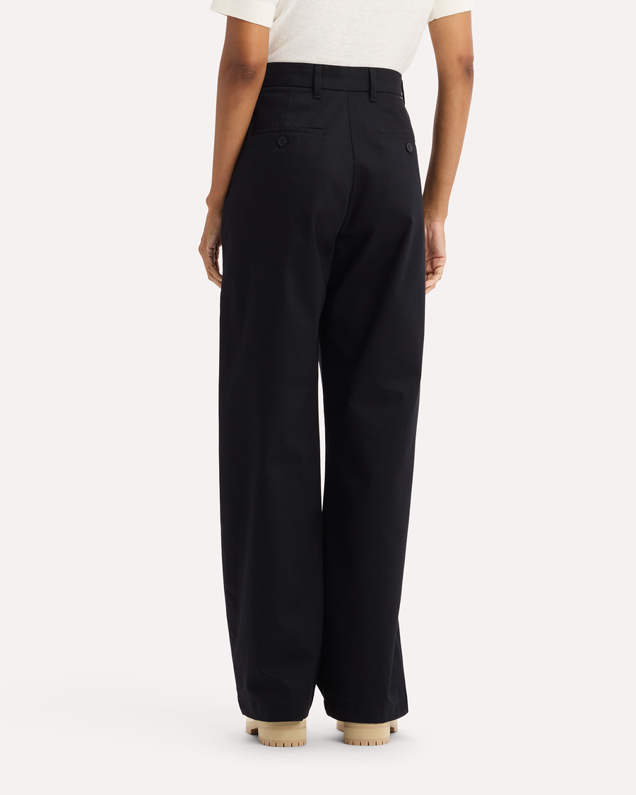 View of model wearing Beautiful Black Signature Iron Free Khakis, High Wide with Stain Defender®.