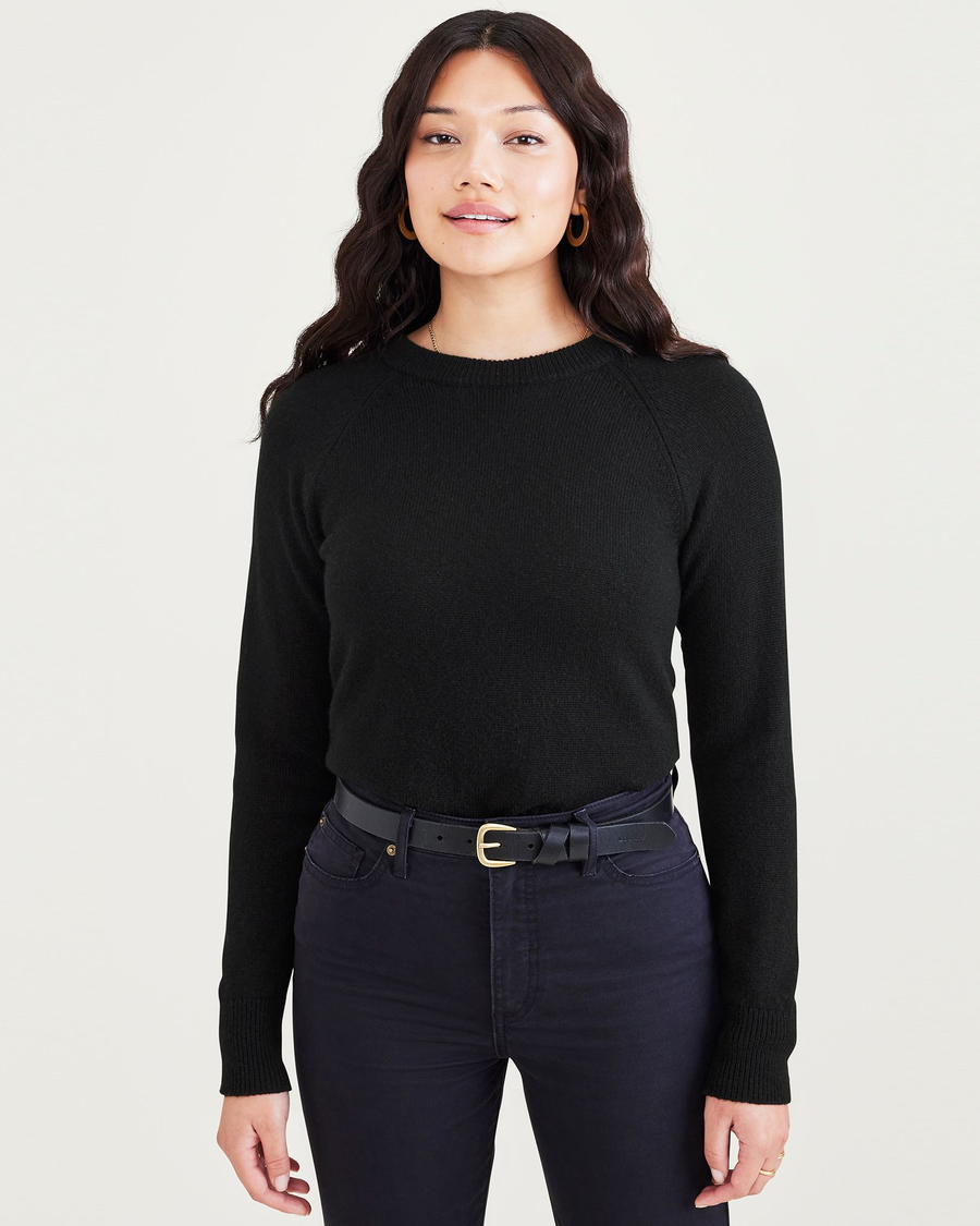 Front view of model wearing Beautiful Black Women's Classic Fit Crewneck Sweater.