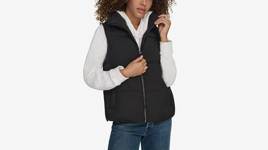 Front view of model wearing Beautiful Black Women's Puffer Vest Jacket.