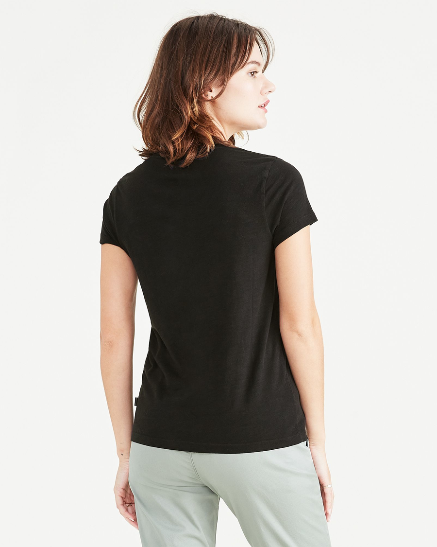 Back view of model wearing Beautiful Black Women's Slim Fit V-Neck Tee.