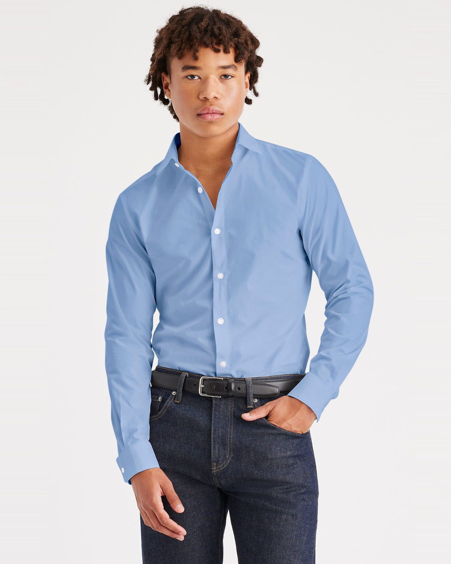 Front view of model wearing Bel Air Blue Men's Slim Fit Crafted Shirt.