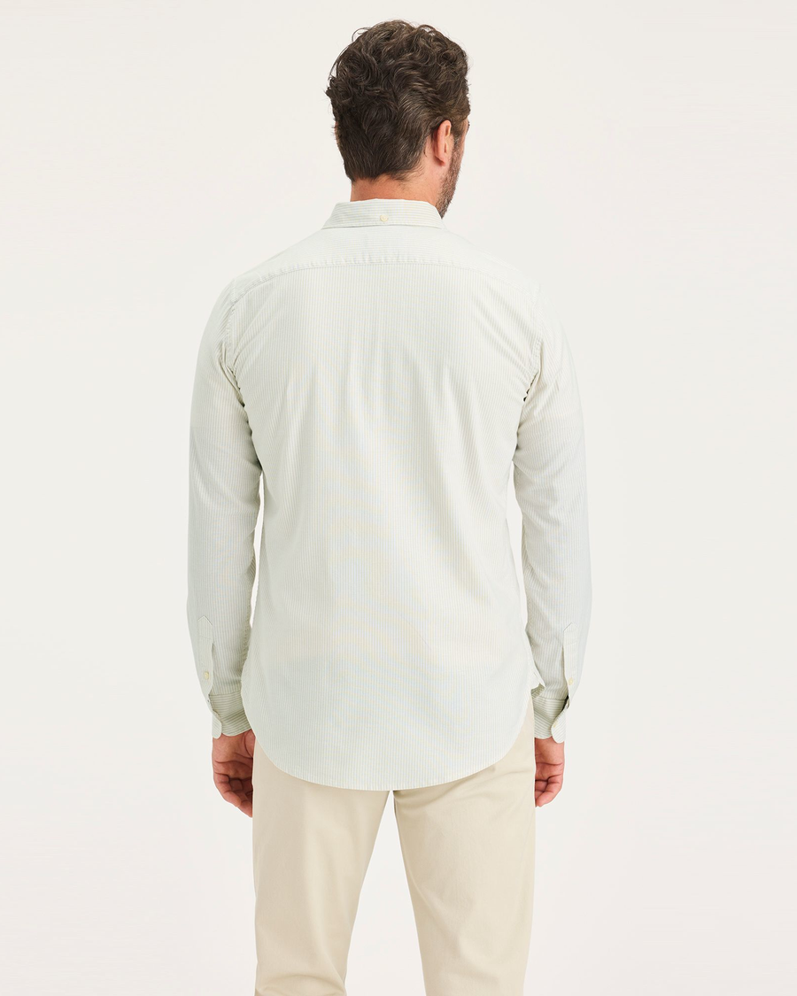 Back view of model wearing Bengal Tidal Foam Stripes Men's Slim Fit 2 Button Collar Shirt.