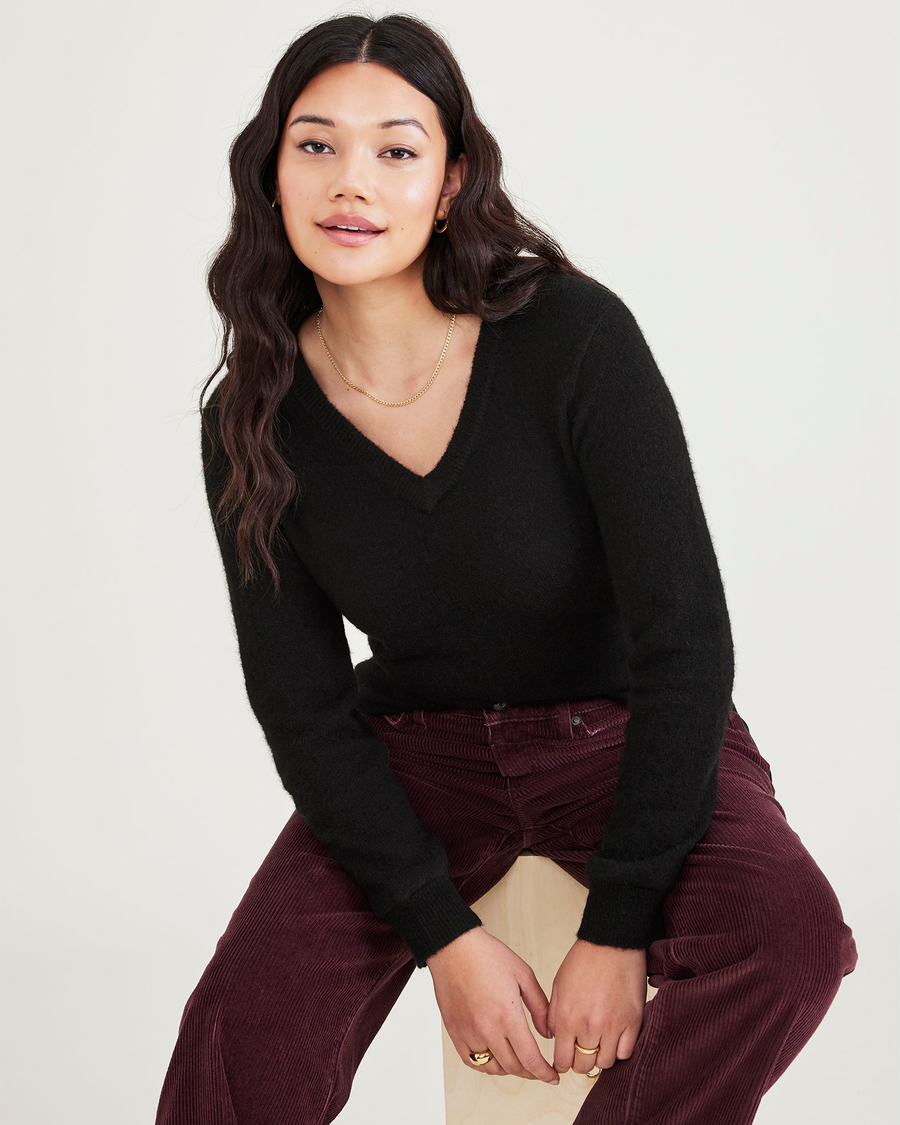 View of model wearing Black Women's Regular Fit V-Neck Sweater.