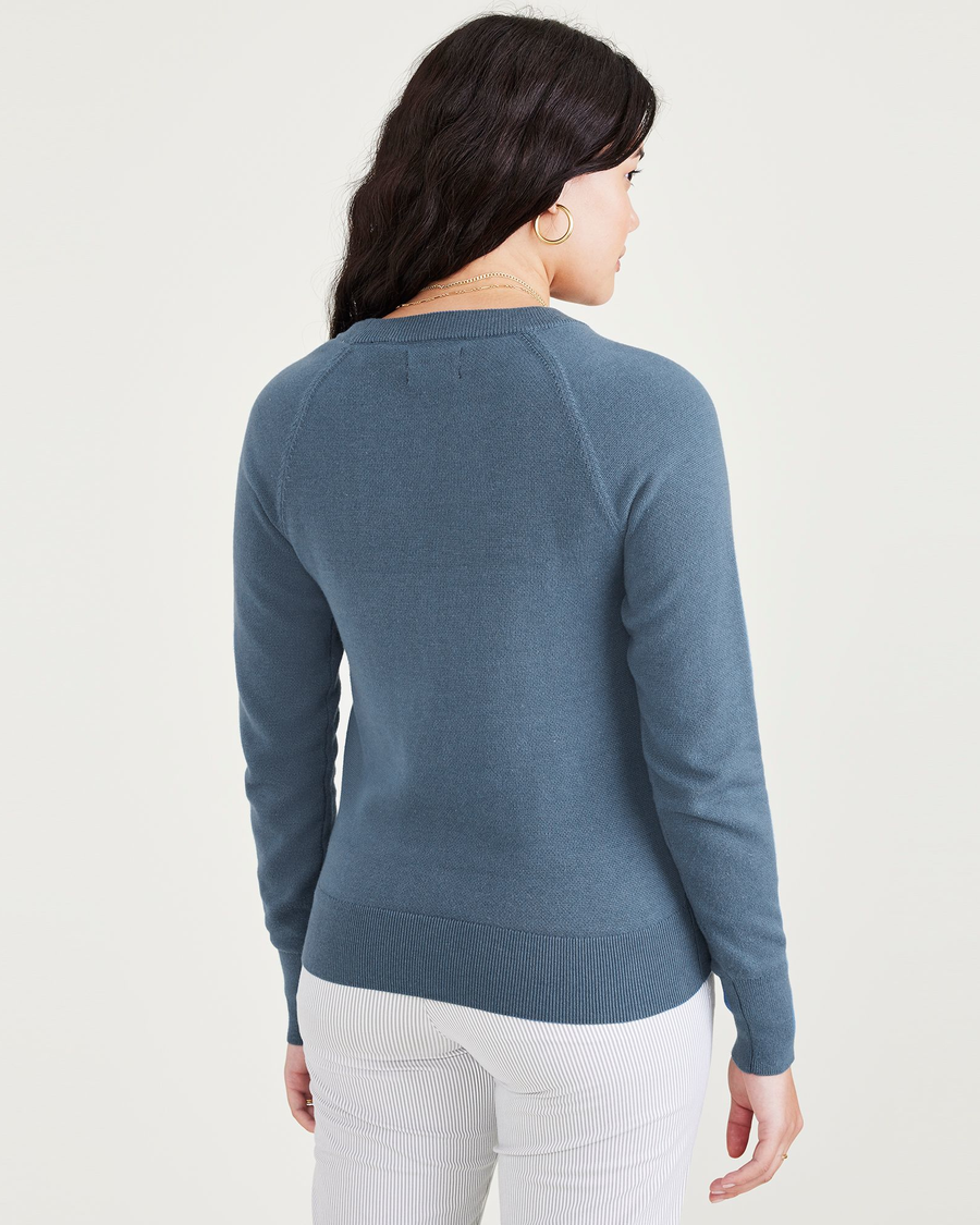 Back view of model wearing Blue Fusion Women's Classic Fit Crewneck Sweater.