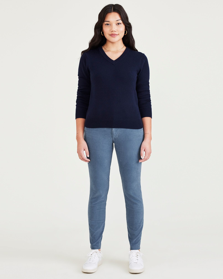 Front view of model wearing Blue Fusion Women's Skinny Fit Chino Pants.