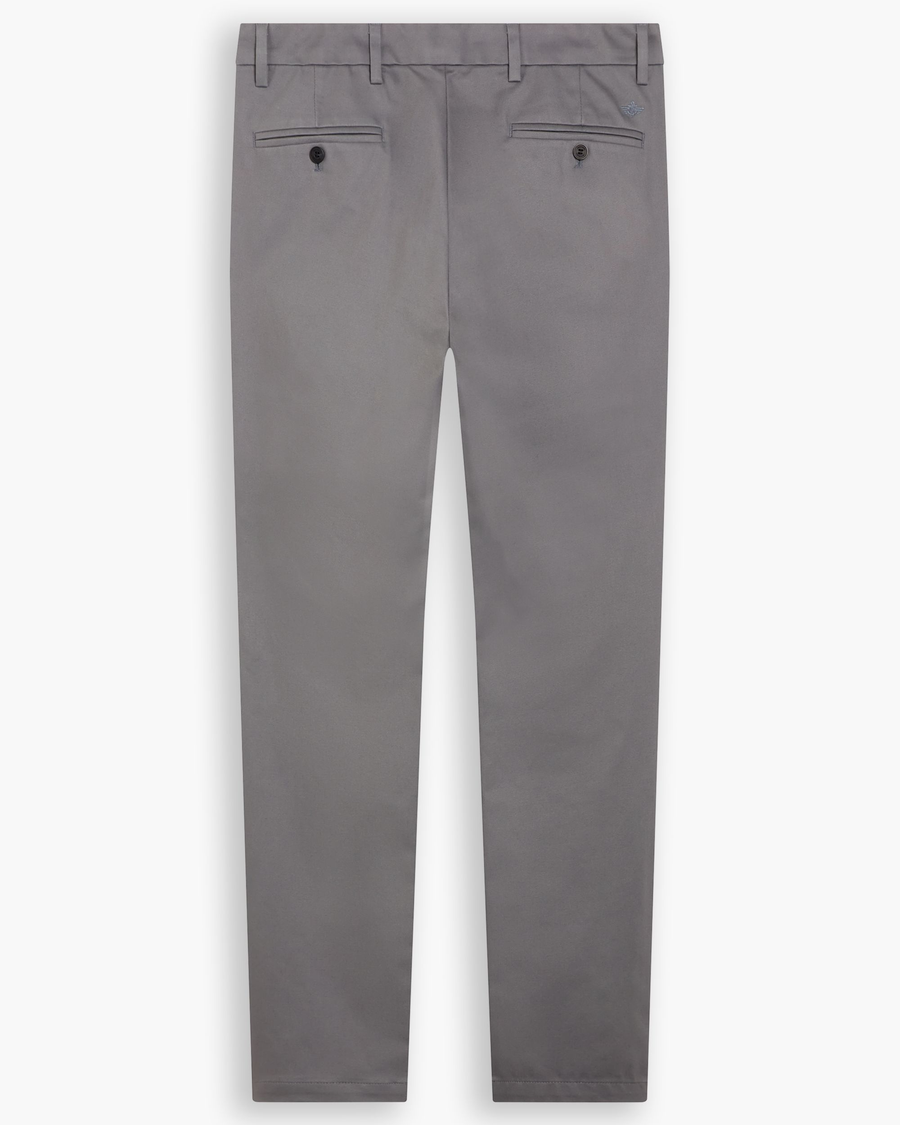 View of model wearing Burma Grey Signature Iron Free Khakis, Skinny Fit with Stain Defender®.