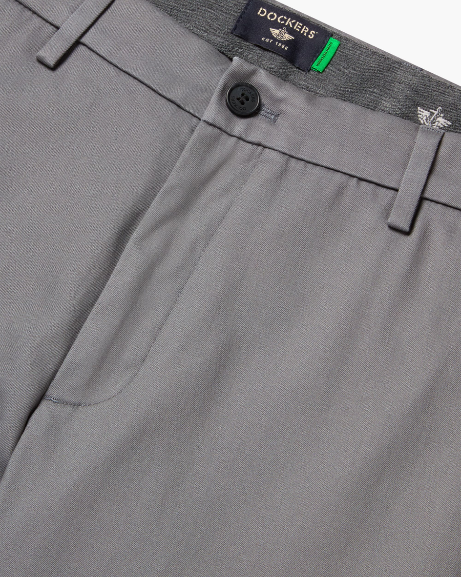 View of model wearing Burma Grey Signature Iron Free Khakis, Skinny Fit with Stain Defender®.