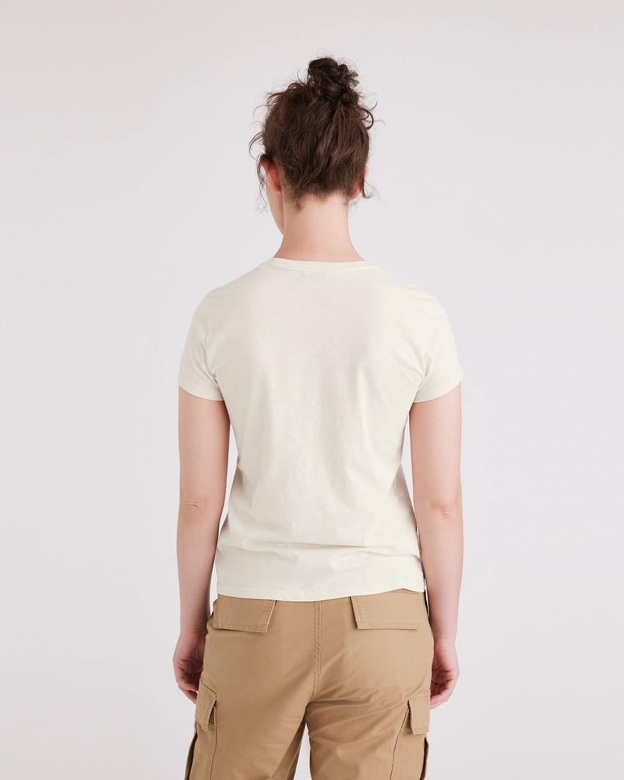 Back view of model wearing Buttercream Women's Slim Fit Graphic Tee Shirt.