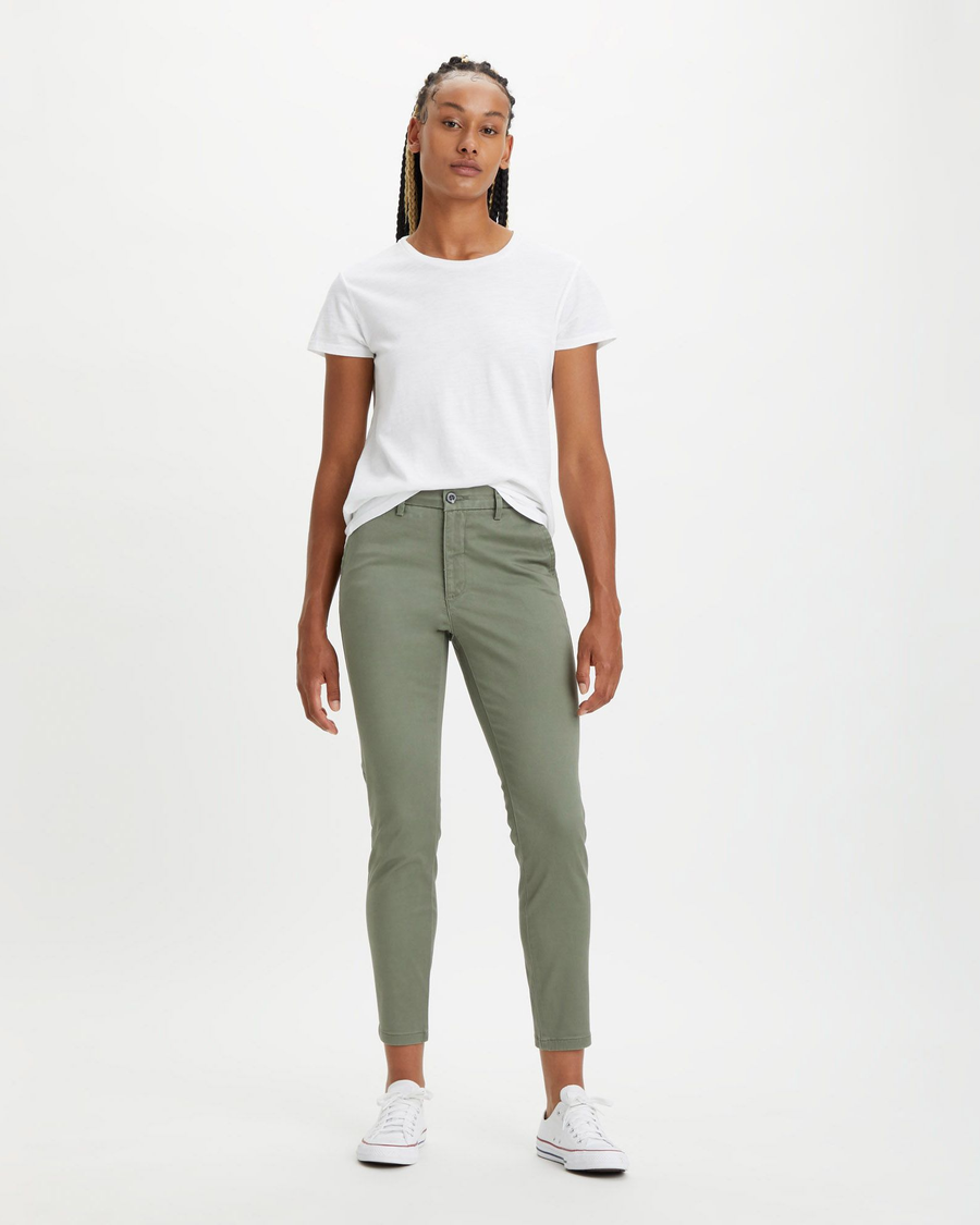 Front view of model wearing Camo Women's Skinny Fit Chino Pants.