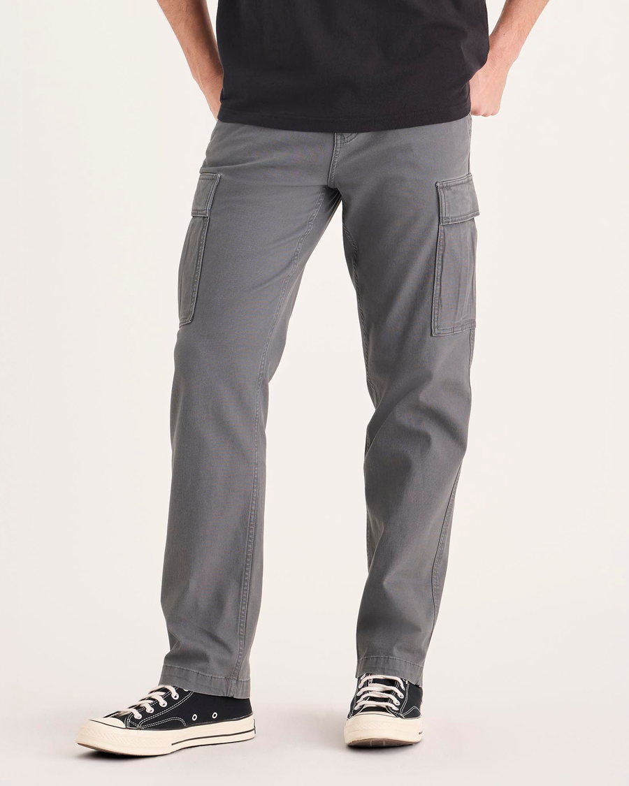 Front view of model wearing Car Park Grey Utility Cargo Pant, Straight Fit.