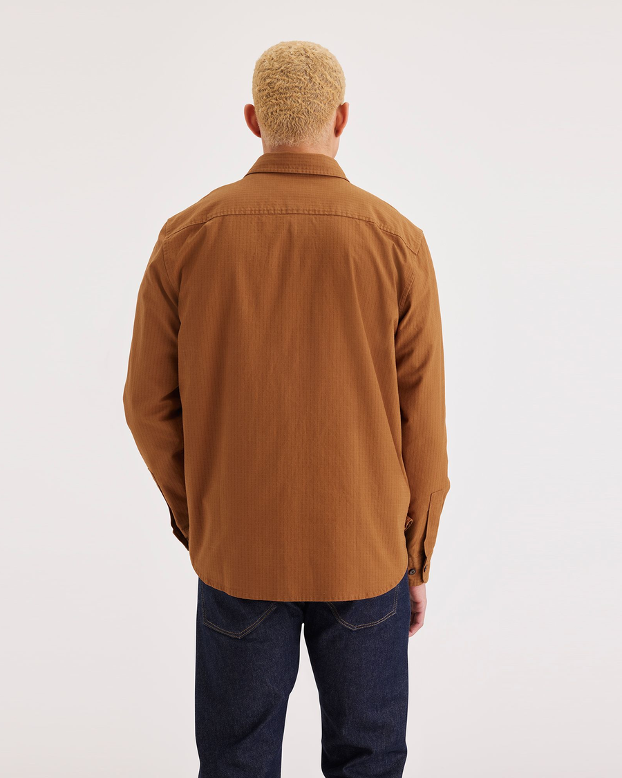 Back view of model wearing Caramel Café Men's Regular Fit Workwear Shirt.