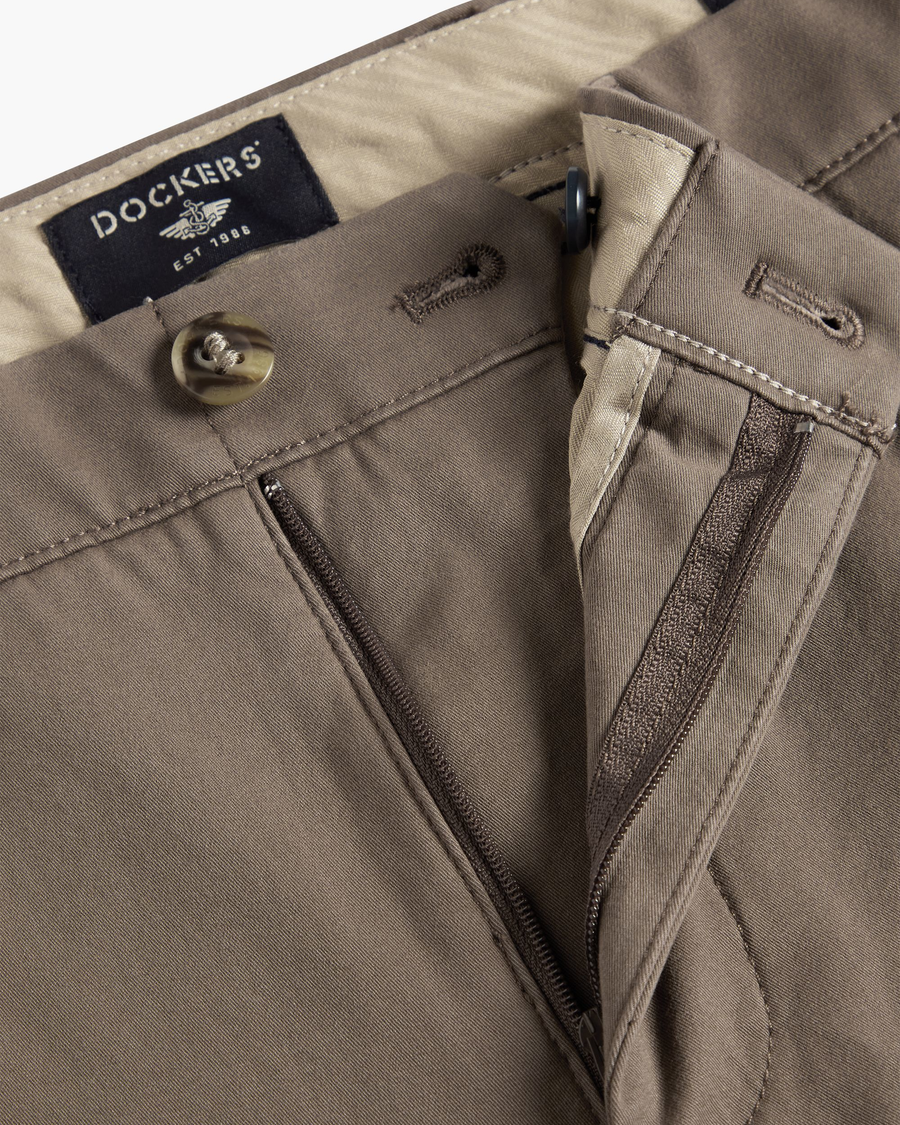 View of model wearing Chocolate Chip Crafted Khaki Pants, Slim Fit.