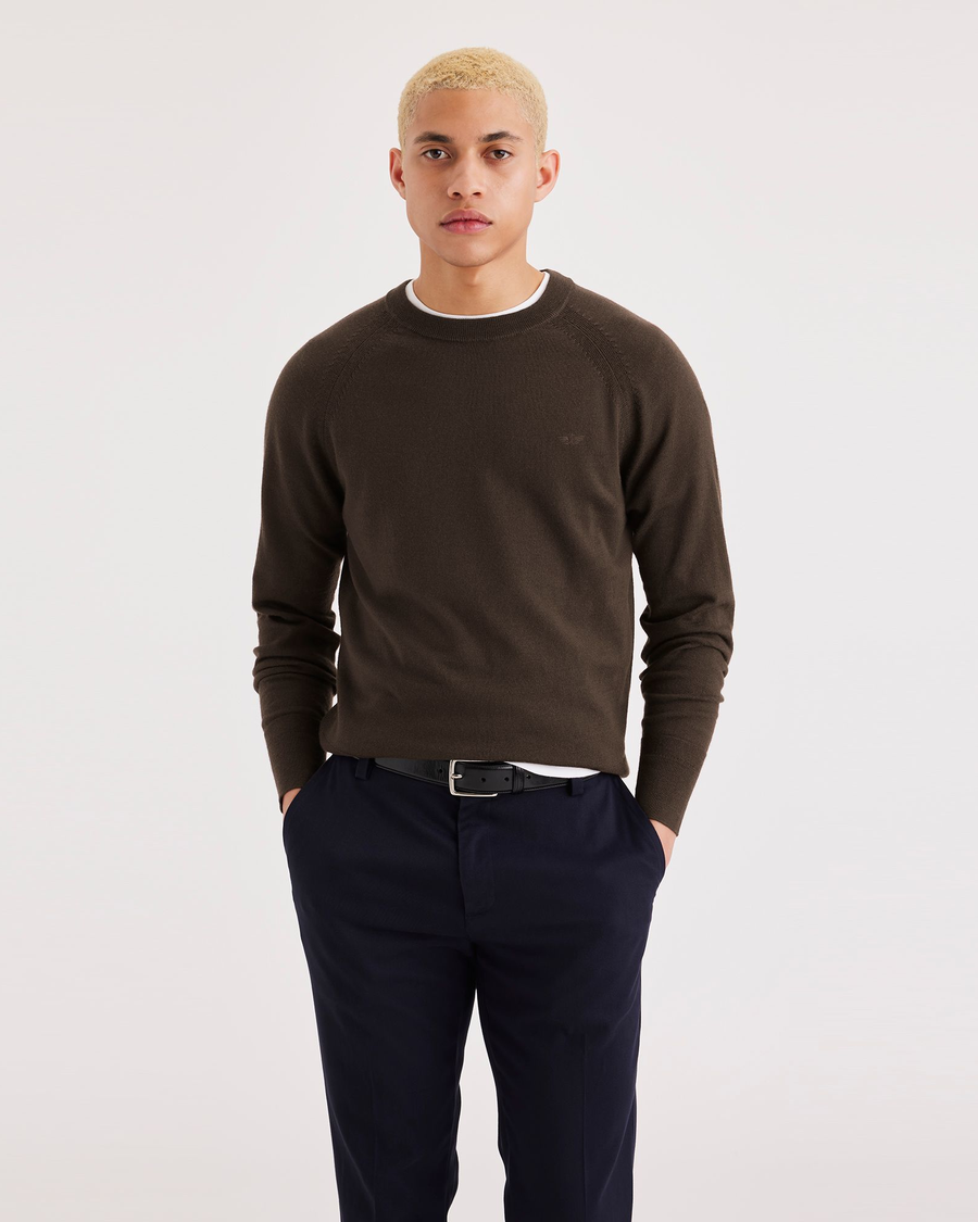 Front view of model wearing Coffee Bean Men's Regular Fit Crewneck Sweater.