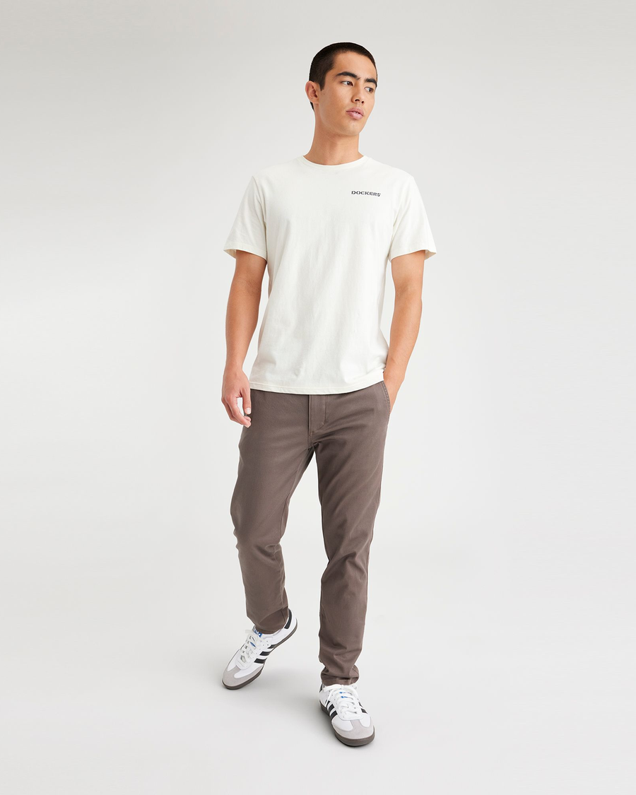 View of model wearing Coffee Quartz Men's Skinny Fit Original Chino Pants.