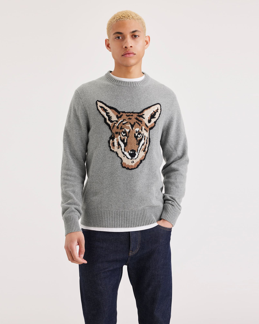 Front view of model wearing Coyote Intarsia Men's Regular Fit Crafted Crewneck Sweater.