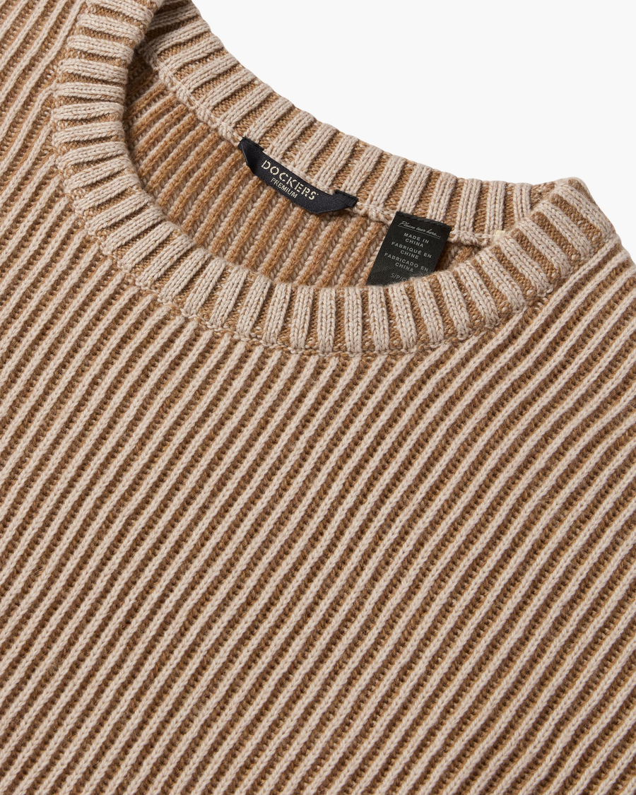 View of model wearing Cream Plaited Crewneck Sweater, Relaxed Fit.