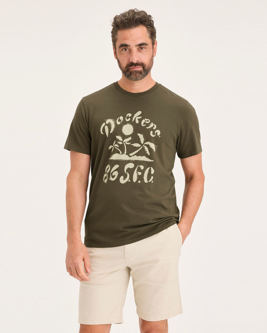 Front view of model wearing Dark Olive Men's Slim Fit Logo Tee.