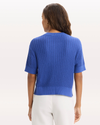 Back view of model wearing Deep Ultramarine Short Sleeve Cardigan, Regular Fit.