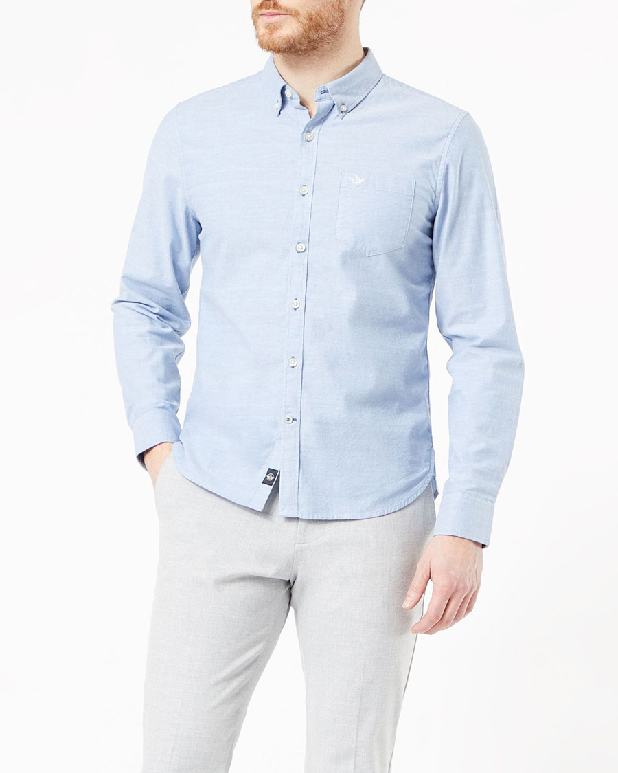 Front view of model wearing Delft Big and Tall Button Collar Shirt.