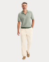View of model wearing Duck Green Sweater Polo, Regular Fit.