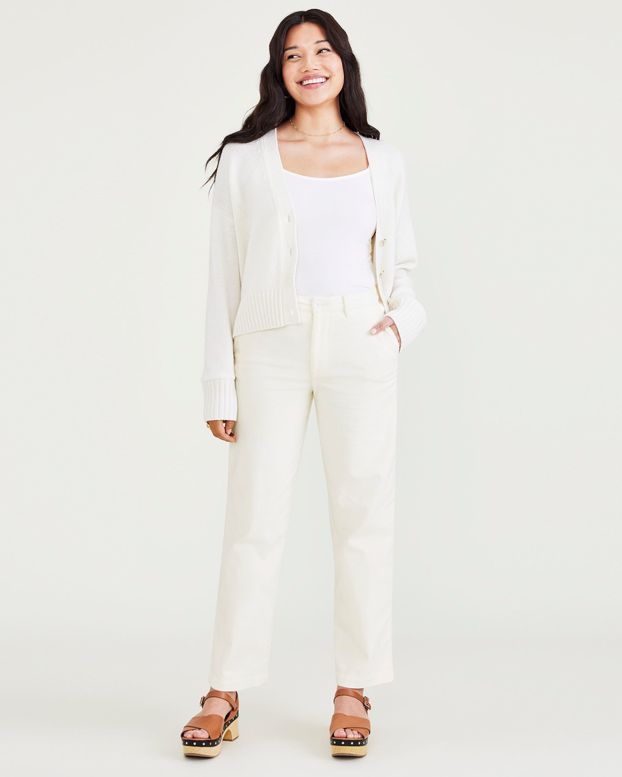 Front view of model wearing Egret Women's High Waisted Straight Fit Original Khaki Pants.