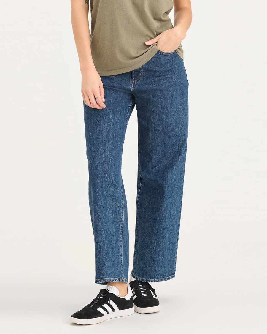 Front view of model wearing Estuary Women's High Straight Sutter Pants.