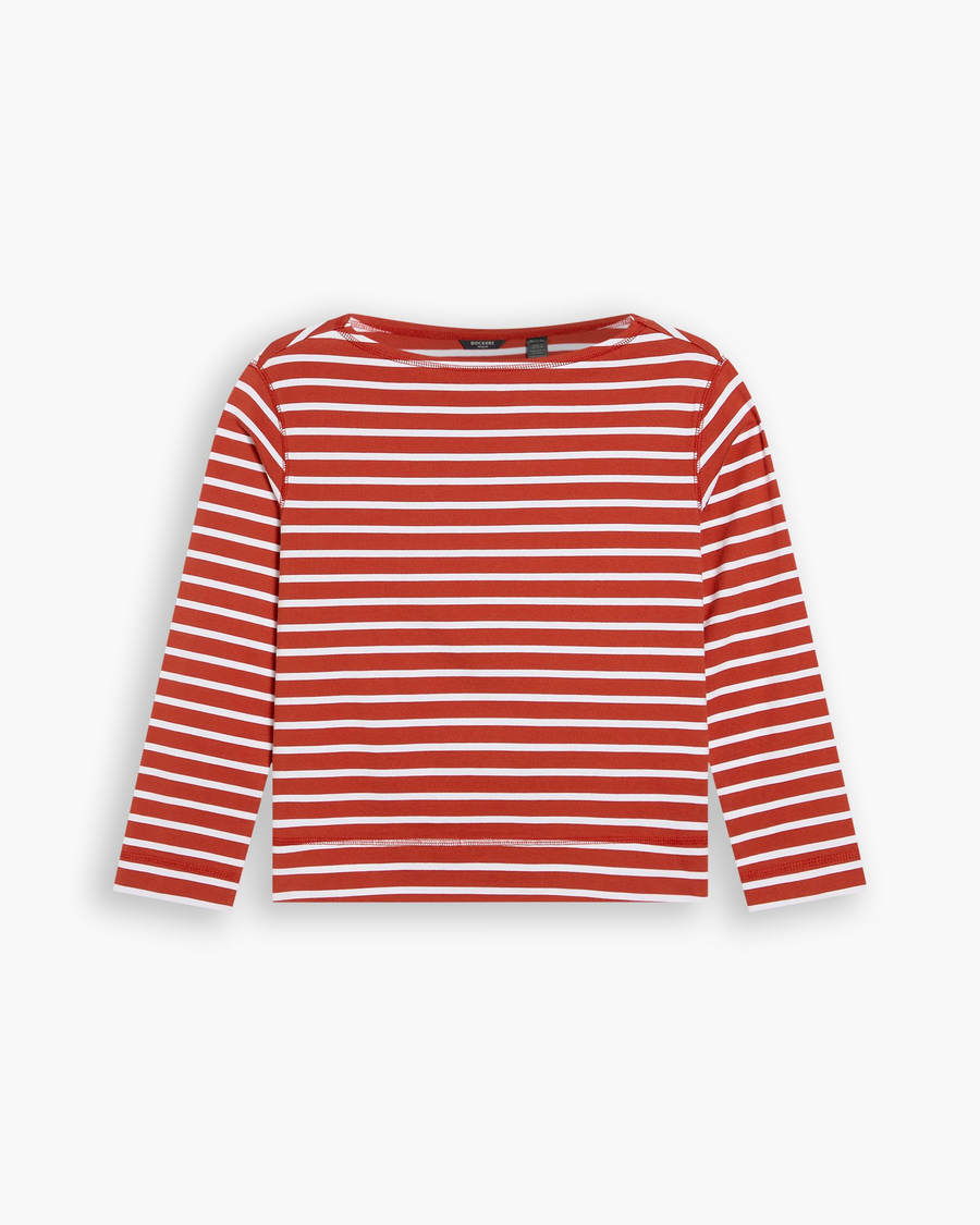 View of model wearing Fire Whirl Boatneck Tee, Regular Fit.