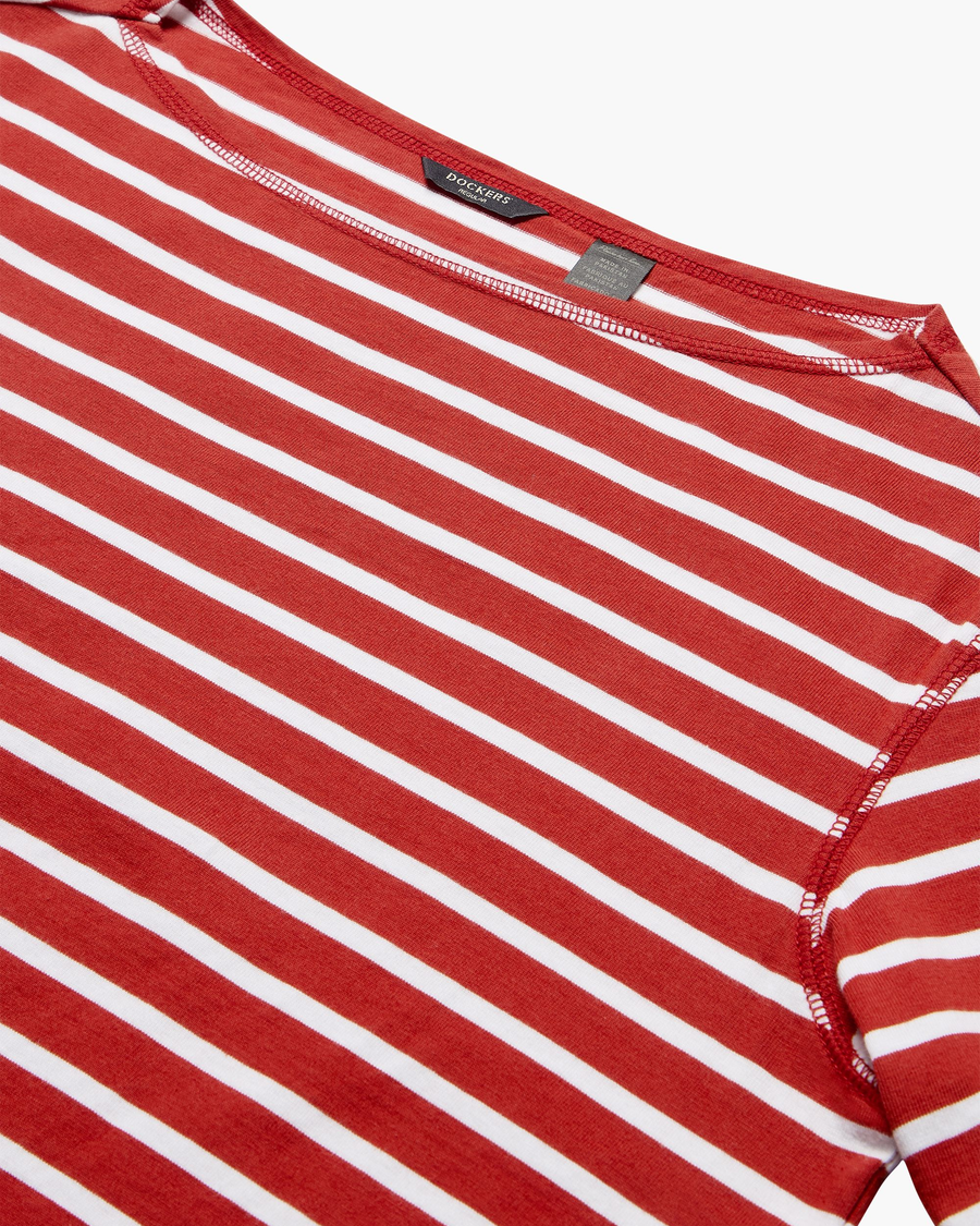 View of model wearing Fire Whirl Boatneck Tee, Regular Fit.