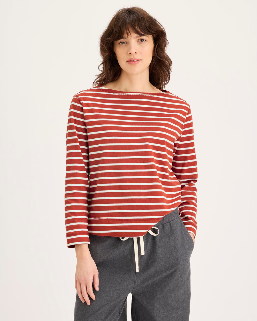 Front view of model wearing Fire Whirl Boatneck Tee, Regular Fit.