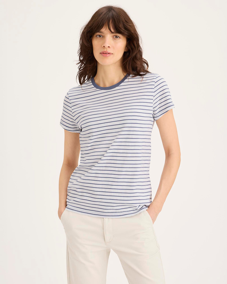 Front view of model wearing Folkstone Gray Favorite Tee Shirt, Slim Fit.