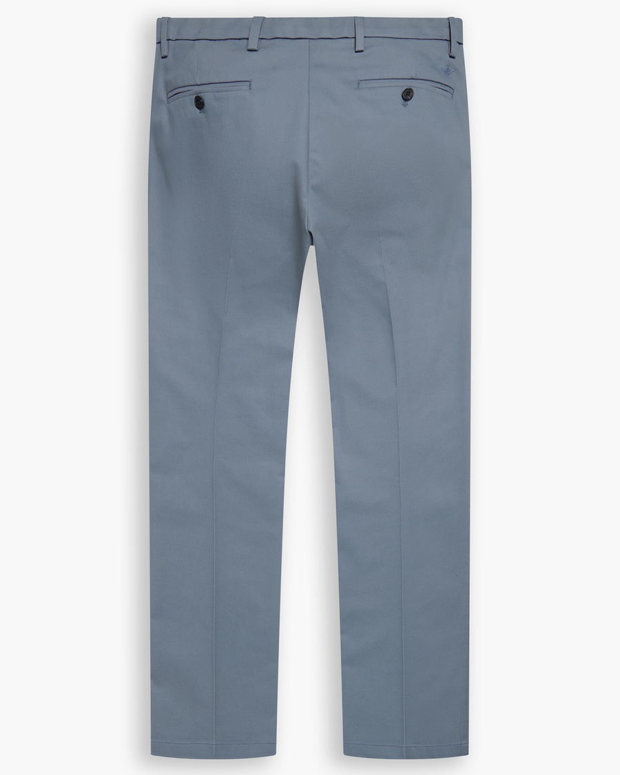 View of model wearing Folkstone Gray Signature Iron Free Khakis, Slim Fit with Stain Defender®.