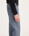 Side view of model wearing Folkstone Gray Signature Iron Free Khakis, Slim Fit with Stain Defender®.