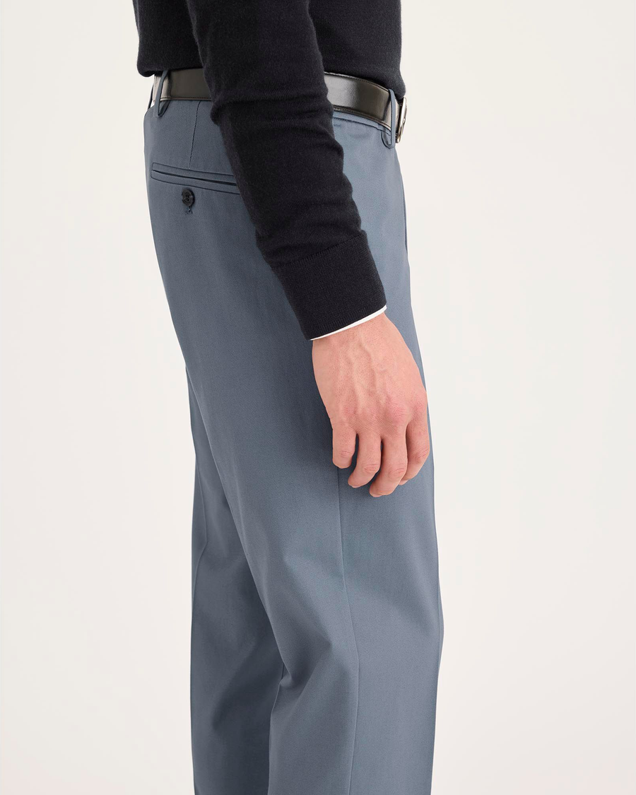 Side view of model wearing Folkstone Gray Signature Iron Free Khakis, Slim Fit with Stain Defender®.