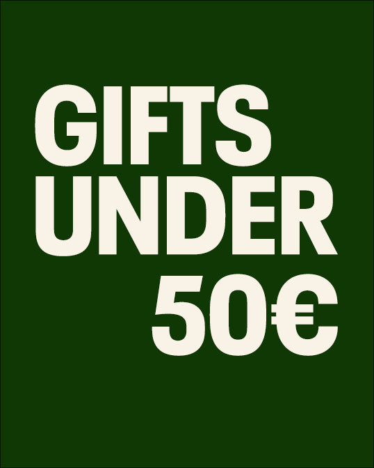 Green background with white text ' GIFTS UNDER 50€' on a green background