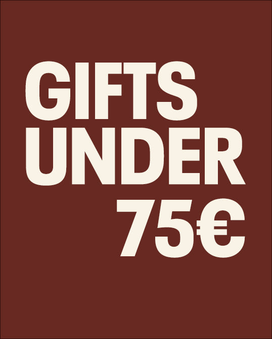 Text ' GIFTS UNDER 75€' on a red background