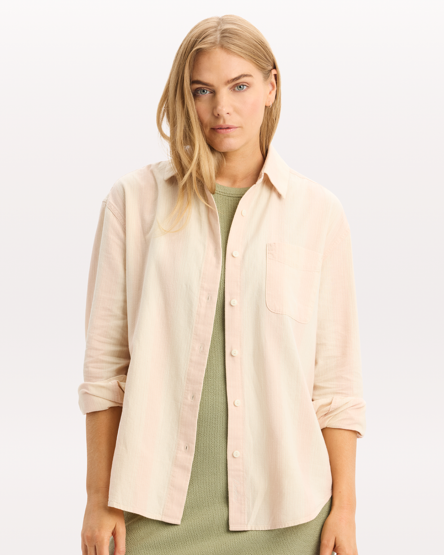 View of model wearing Hansen Peach Blush Relaxed Shirt.