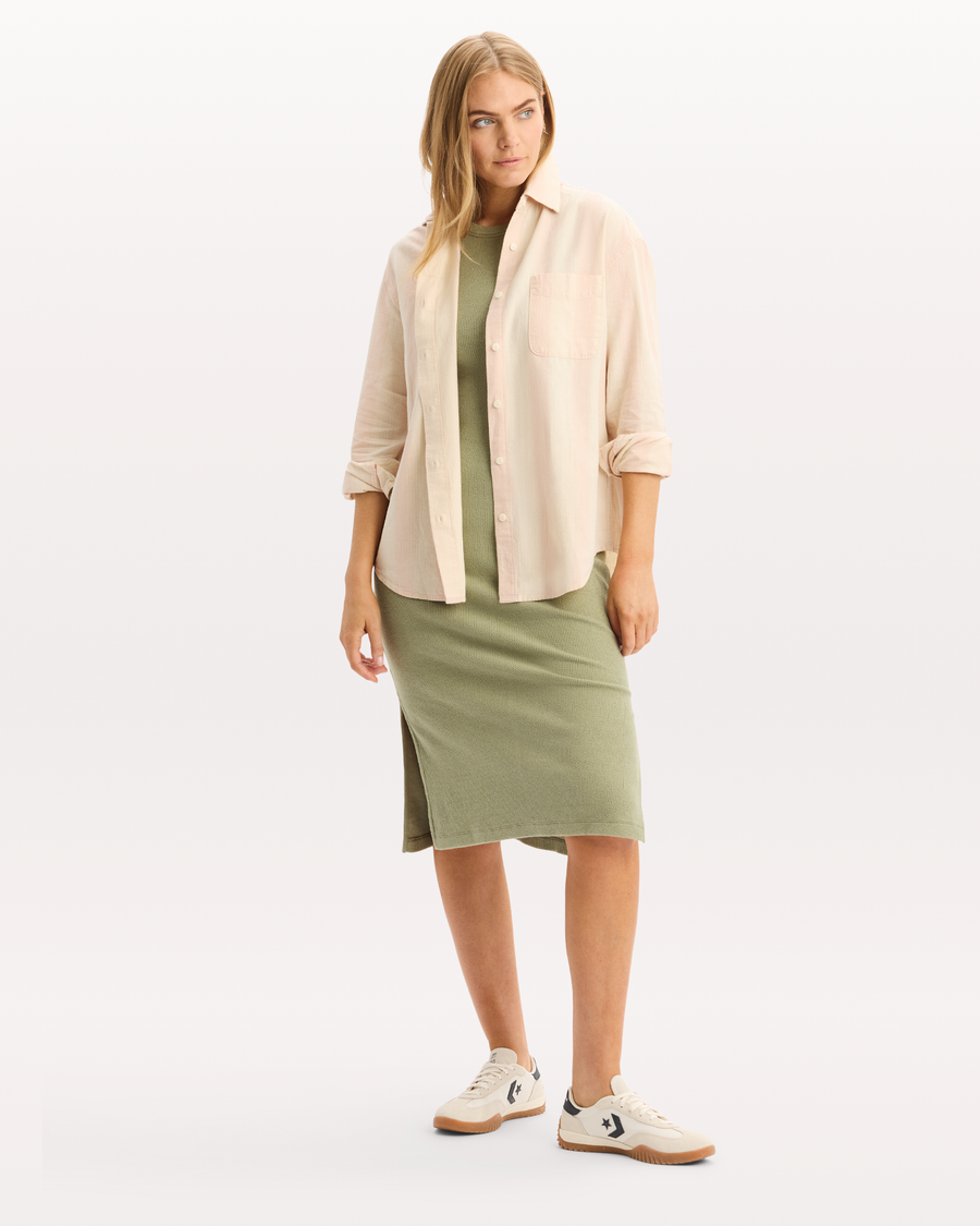 View of model wearing Hansen Peach Blush Relaxed Shirt.