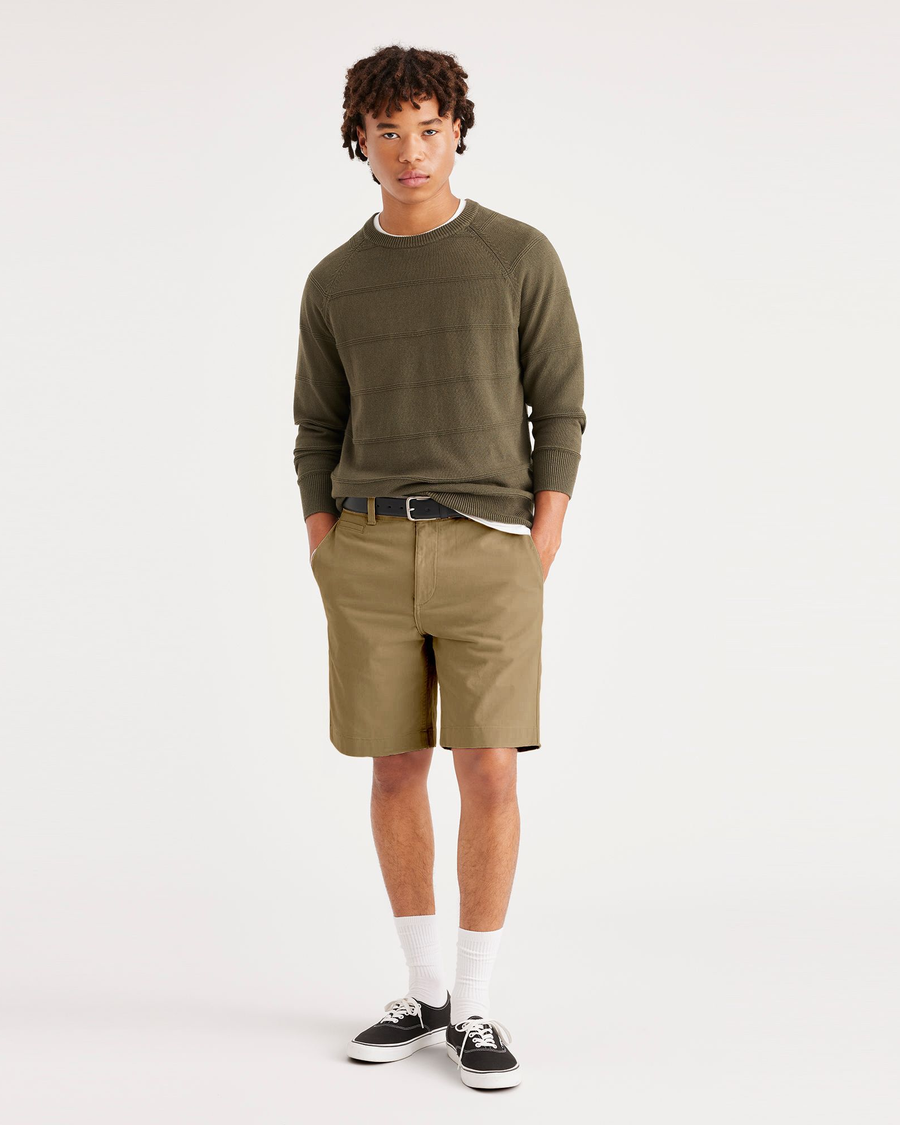 Front view of model wearing Harvest Gold Alpha Chino Shorts, Straight Fit.