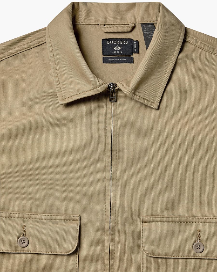 View of model wearing Harvest Gold Mechanic's Jacket, Regular Fit.