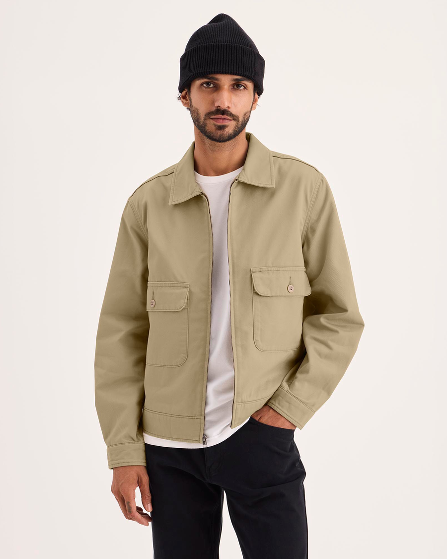 Front view of model wearing Harvest Gold Mechanic's Jacket, Regular Fit.